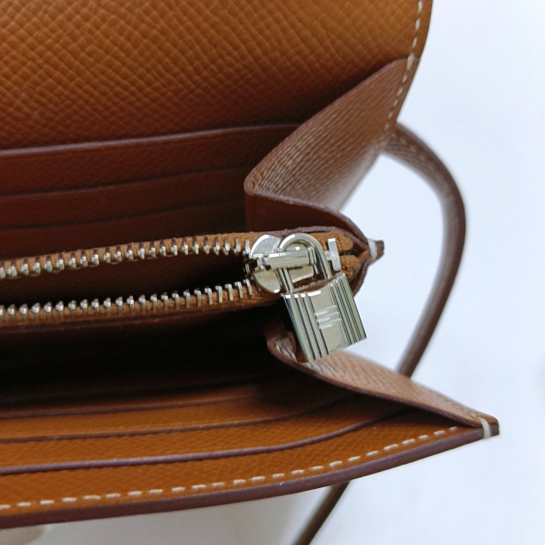 HERMÈS Kelly Gold Brown Epsom Calfskin Wallet with Silver Hardware D-(SKU)-969641631