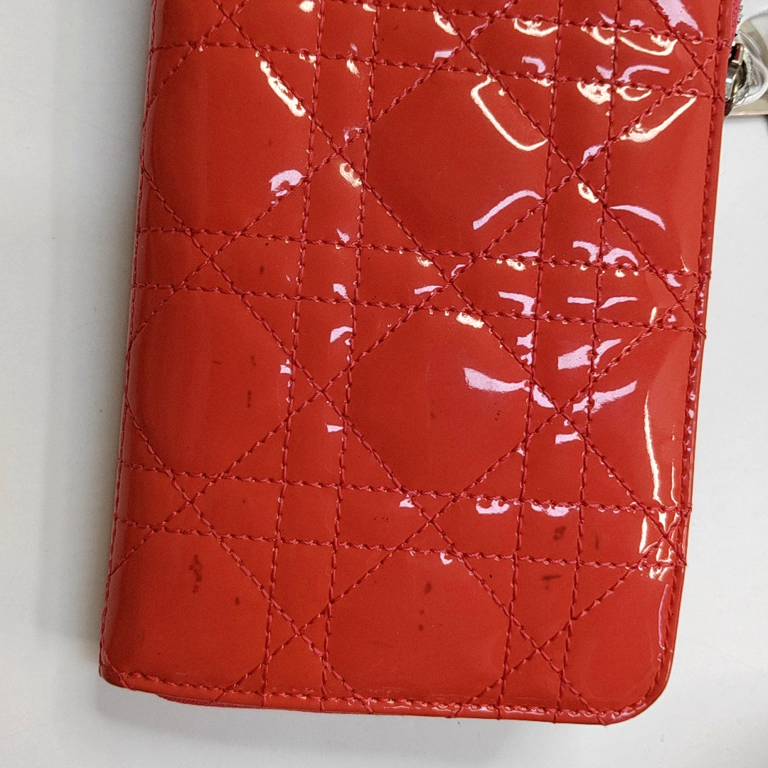 DIOR Lady Dior Red patent leather wicker pattern quilted wallet Golden hardware-(SKU)-945065064