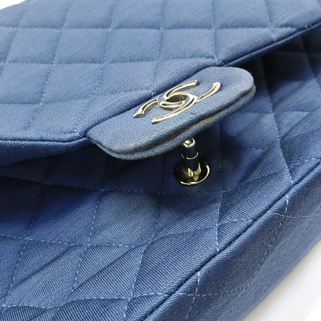 CHANEL CLASSIC FLAP Maxi Super Large Size Blue Fabric Quilted Jumbo Crossbody Shoulder Bag with 13 Clasp-(SKU)-957618087