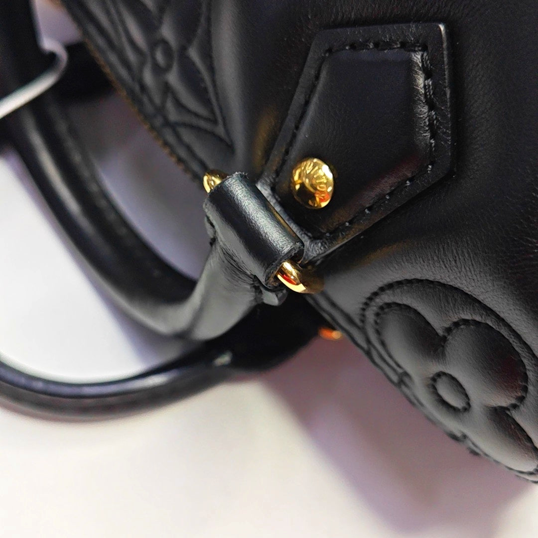 LOUIS VUITTON PAPILLON BB Black Leather Monogram Quilted Boston Bag Single Shoulder Bag, Handbag, Crossbody Bag, Gold Hardware, 2 Detachable Shoulder Straps-(SKU)-966453968