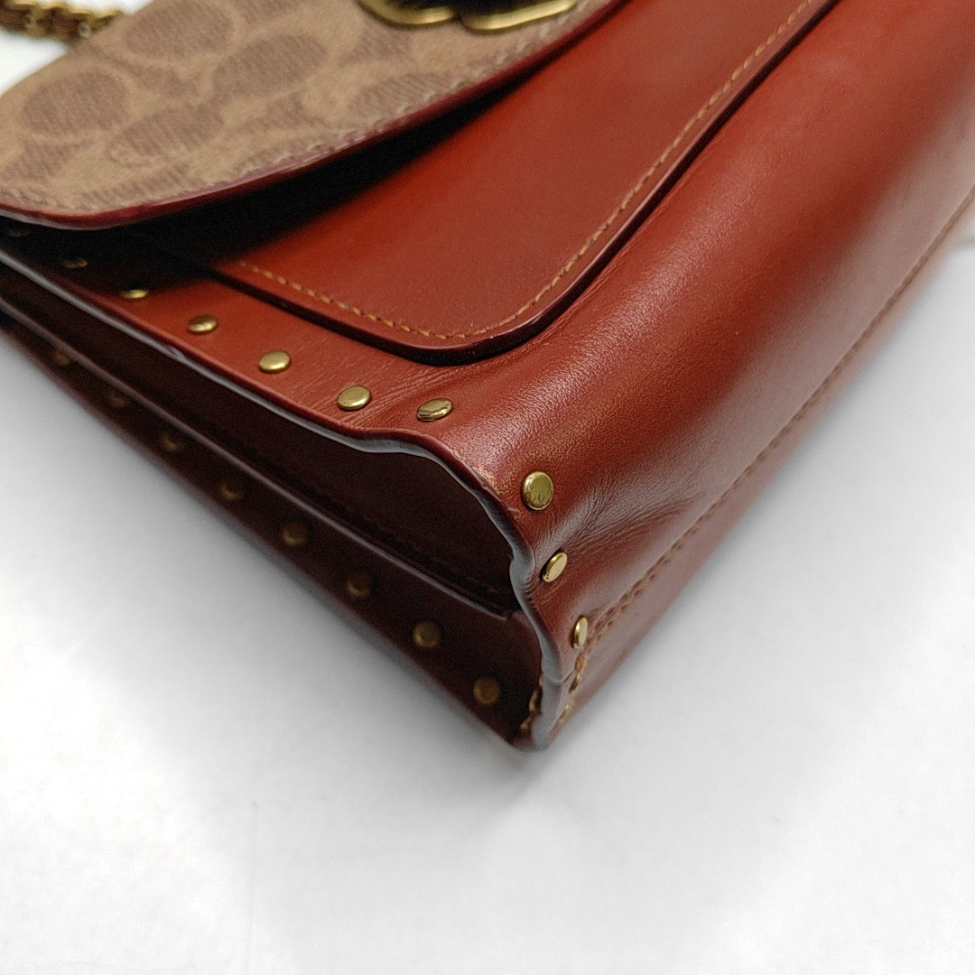 COACH PARKER 18 Brown Coated Canvas Monogrammed Studs Crossbody Shoulder Bag Golden hardware-(SKU)-944285676