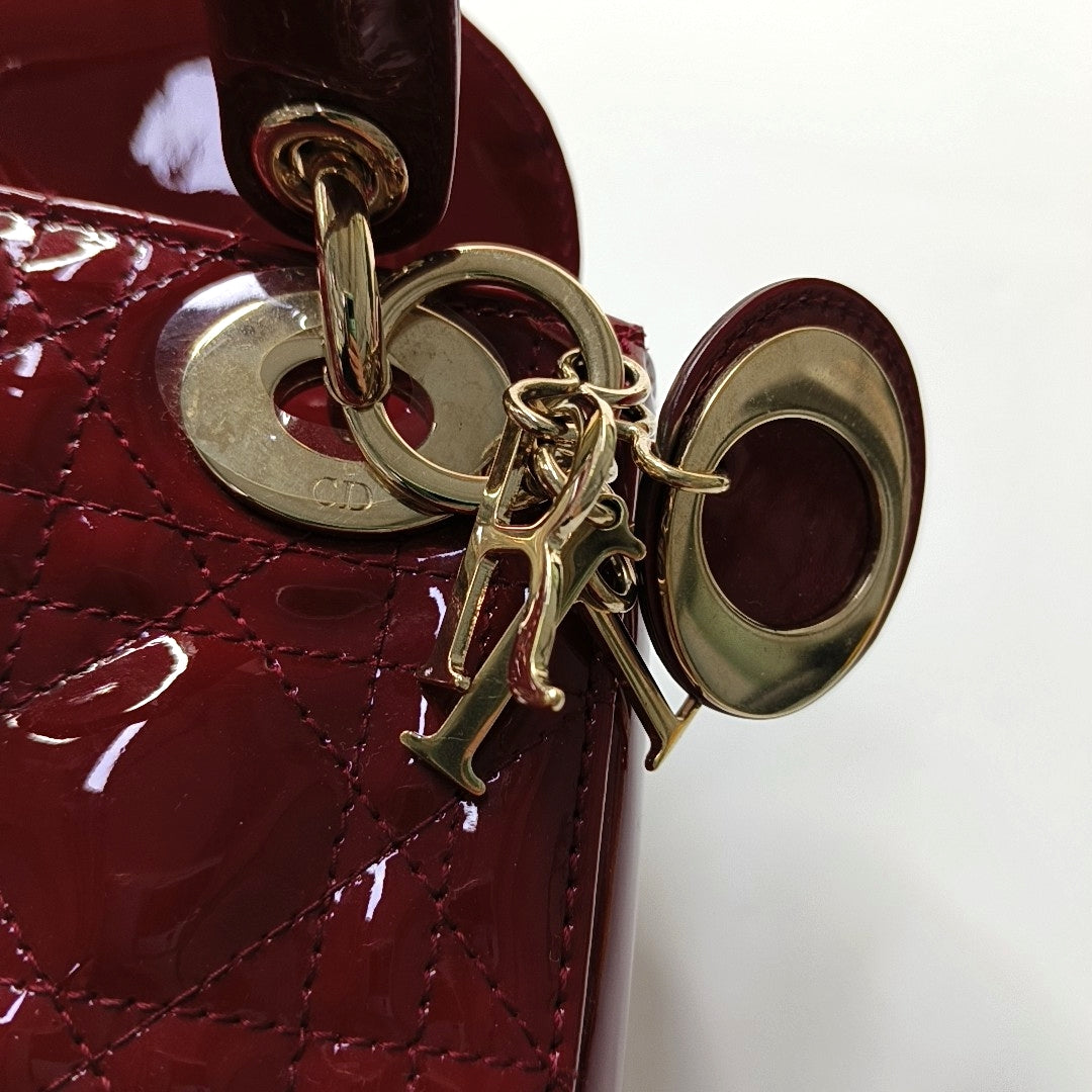 DIOR Lady Dior Mini Red Patent Lambskin Quilted Cannage Three Shoulder Bag, Crossbody Bag, Handbag with Detachable Strap-(SKU)-966772518