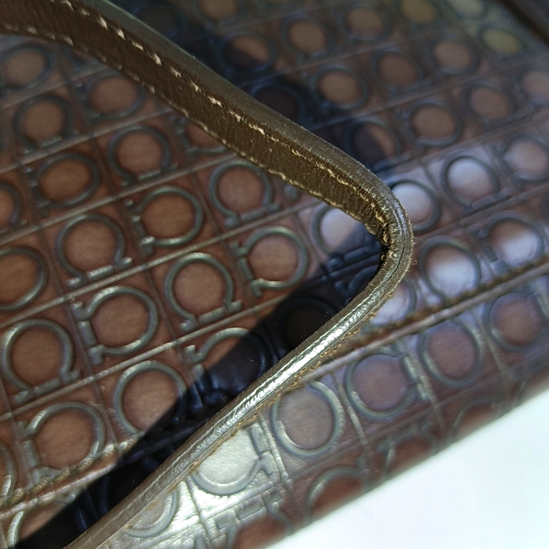 FERRAGAMO Chocolate Brown Leather Embossed Clutch Silver Hardware-(SKU)-942092439