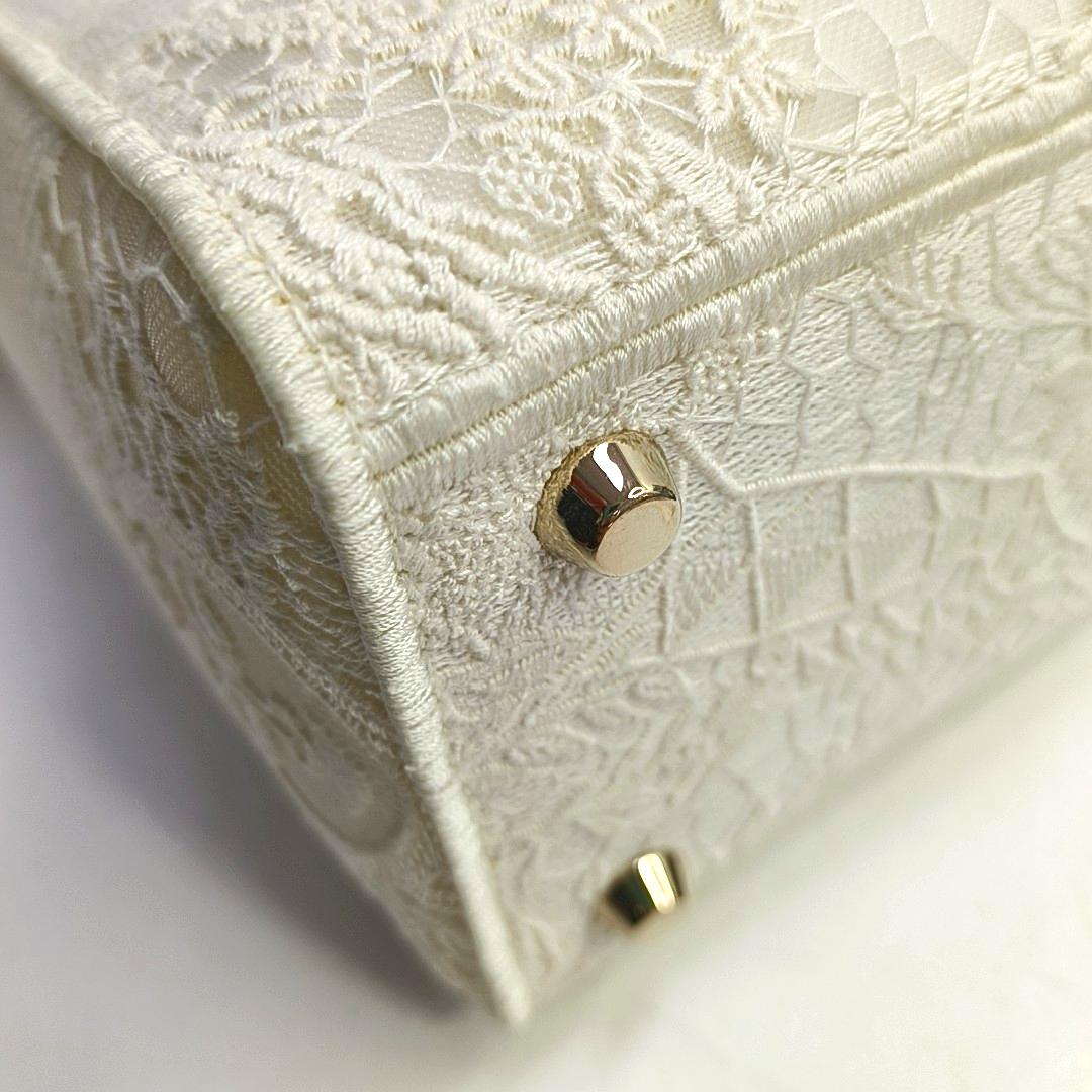 DIOR Lady D-Lite Medium Size White Canvas Embroidered Cutout Crossbody Shoulder Bag with Gold Hardware Removable Shoulder Strap-(SKU)-950358894