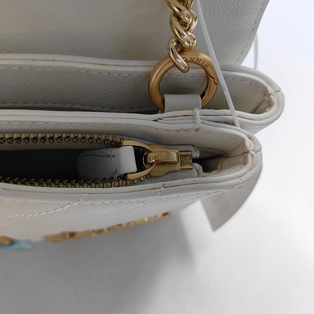PINKO mini White Leather Quilted Stud Crossbody Bag, Single Shoulder Bag Golden Silver Hardware-(SKU)-944691063