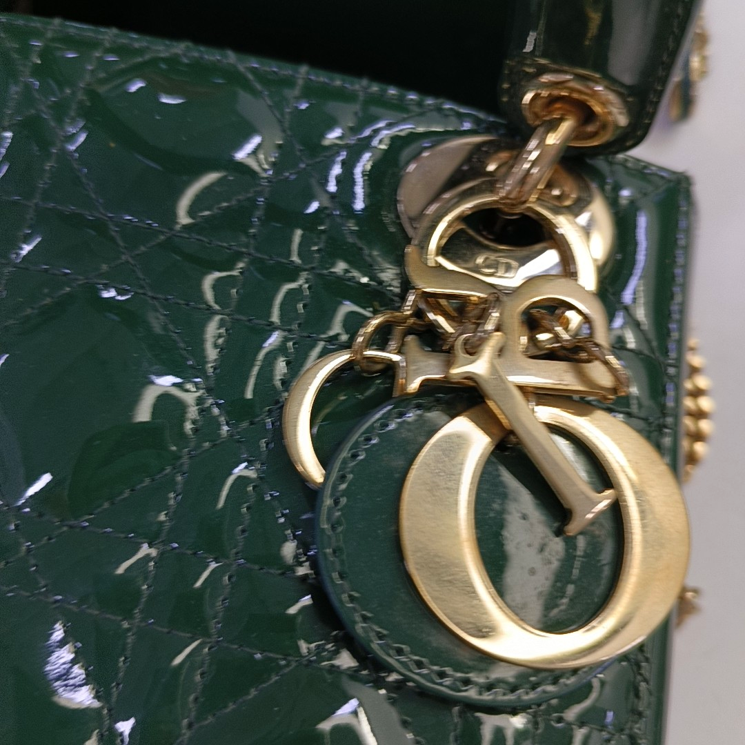 DIOR Lady Dior Mini Dark Green Patent Lamb Skin Quilted Diaper Bag 3-Compartment Shoulder Bag Tote Bag Crossbody Bag Golden Hardware Removable Strap-(SKU)-947300557