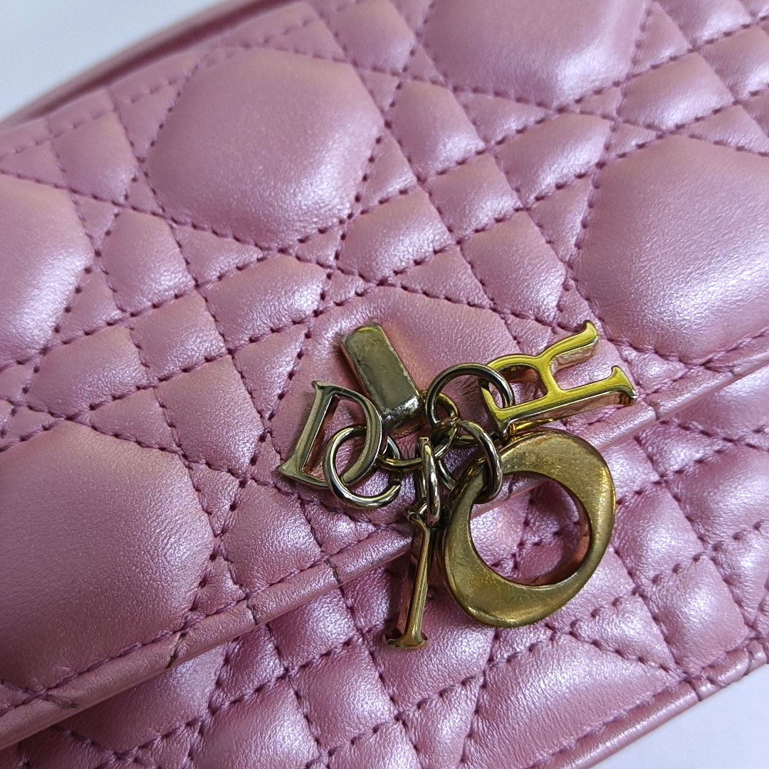DIOR Lady Dior Mini Pink Lamb Skin Jacquard Quilted Shoulder Bag with Chain Strap, Gold Hardware, Removable Shoulder Strap, Accessories Included-(SKU)-964839672