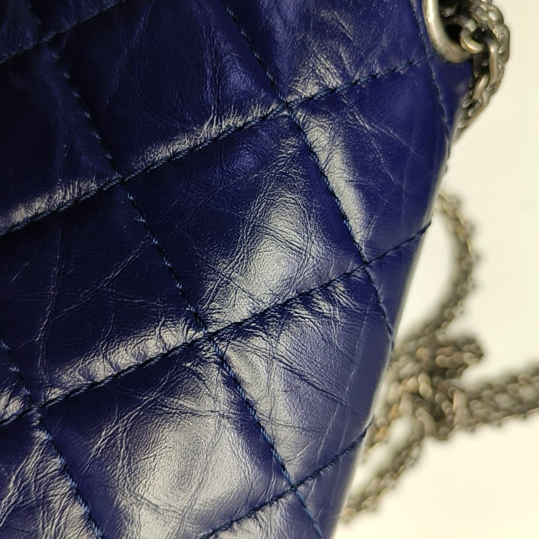 CHANEL 2.55 Large Deep Blue Vintage Calfskin Quilted Chevron Single Shoulder Bag with Palladium Hardware-(SKU)-955055136