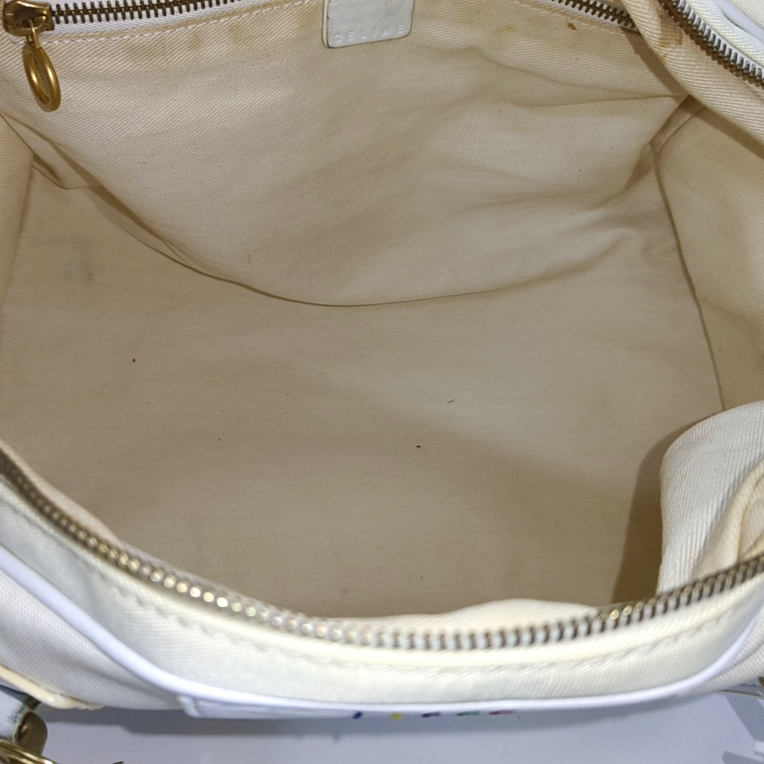 CELINE White Canvas Printed Single Shoulder Bag Handbag Golden hardware-(SKU)-13501989