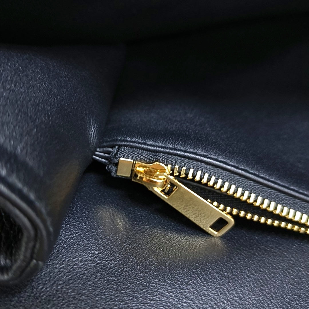 CELINE ANNABEL Medium Size Black Leather Tote Bag with Gold Hardware-(SKU)-968853801