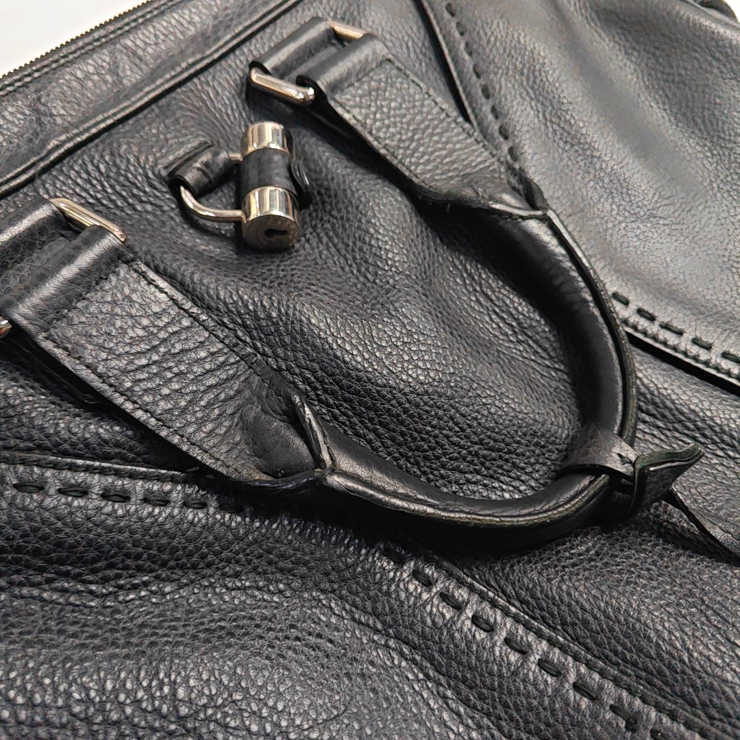YSL MUSE Black Cowhide Quilted Rivets Tote Bag Silver Hardware-(SKU)-946633480