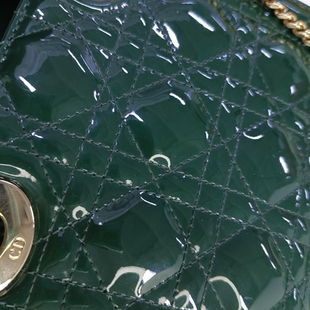 DIOR Lady Dior Mini Dark Green Patent Lamb Skin Quilted Diaper Bag 3-Compartment Shoulder Bag Tote Bag Crossbody Bag Golden Hardware Removable Strap-(SKU)-947300557