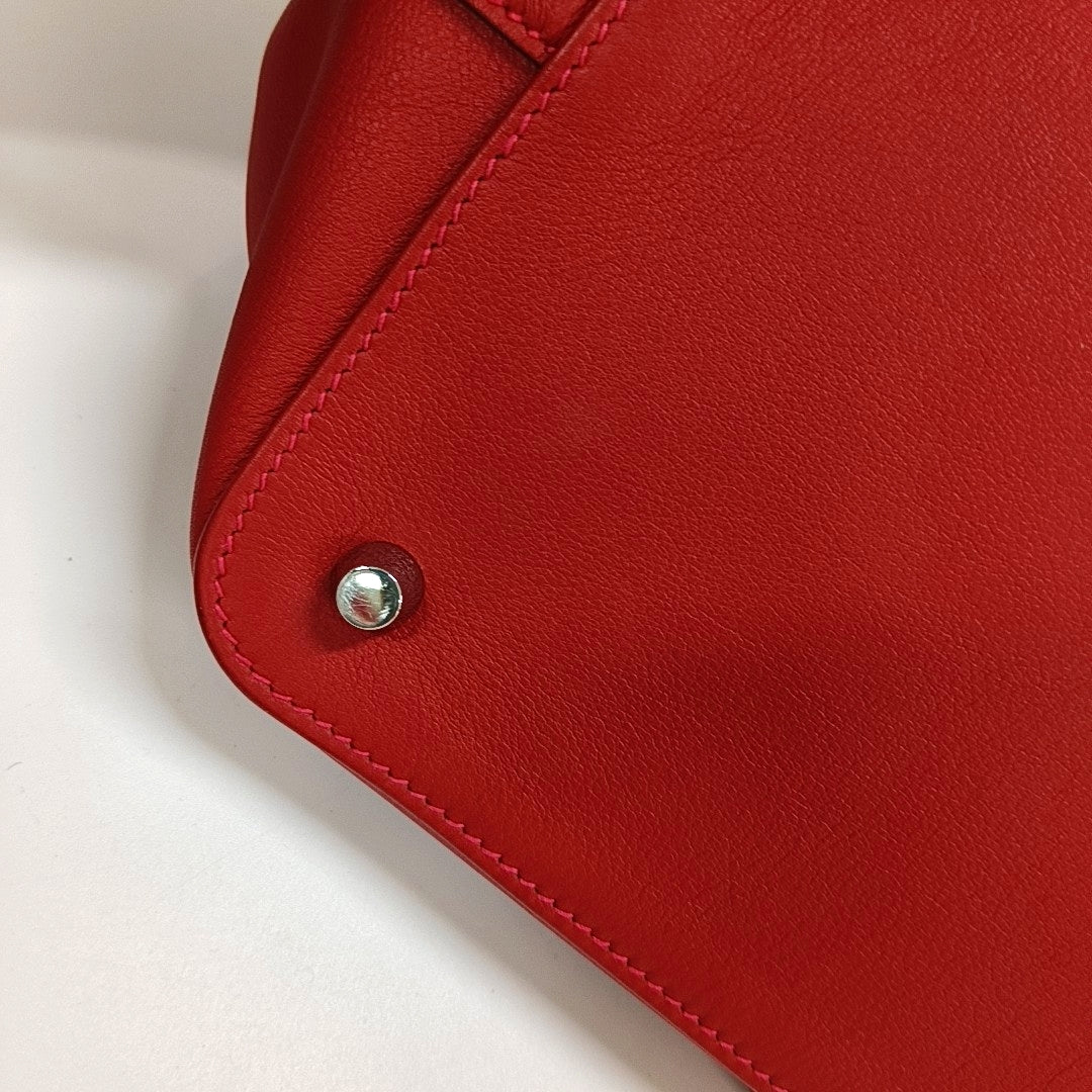 HERMÈS Toolbox 26 Peony Red Evercolor Leather Shoulder Bag Tote Crossbody Bag with Silver Hardware and Removable Strap-(SKU)-966025758