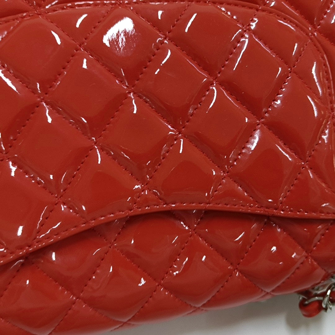 CHANEL CLASSIC FLAP Medium Orange Patent Leather Quilted Shoulder Bag Crossbody Bag Silver Hardware 16 Clasp-(SKU)-966701746