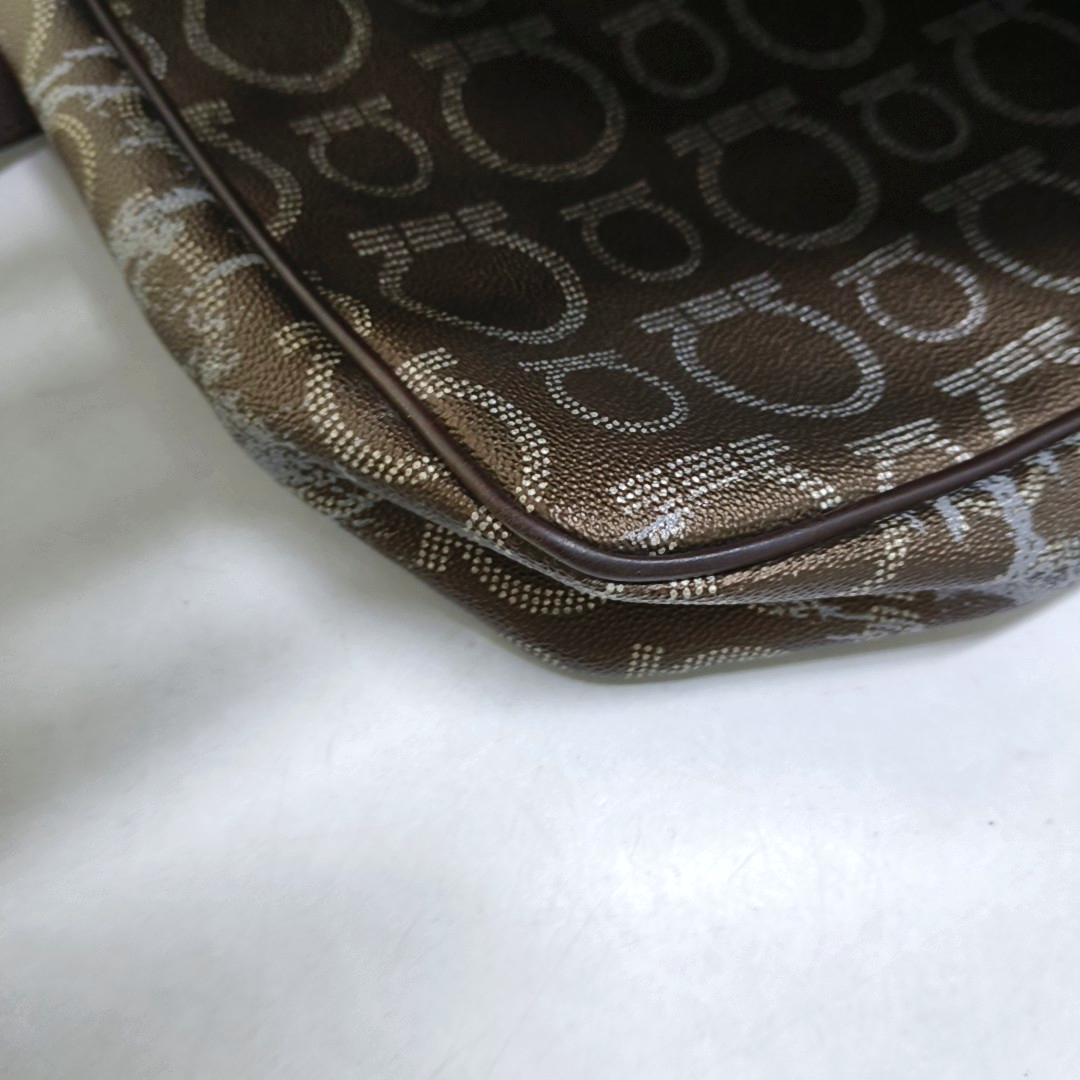 FERRAGAMO Dark Brown Coated Canvas Print Single Shoulder Bag Crossbody Bag Silver Hardware-(SKU)-952089727