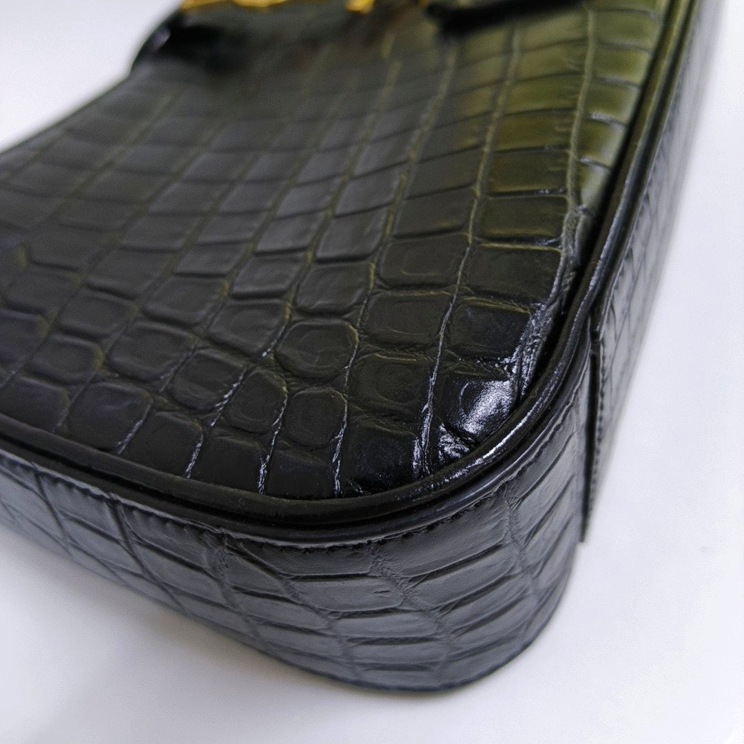 YSL LE 5 À 7 Black Calf Leather Crocodile Embossed Handbag Single Shoulder Bag Golden Hardware-(SKU)-965773000