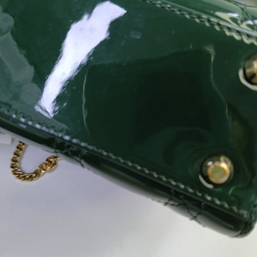 DIOR Lady Dior Mini Dark Green Patent Lamb Skin Quilted Diaper Bag 3-Compartment Shoulder Bag Tote Bag Crossbody Bag Golden Hardware Removable Strap-(SKU)-947300557