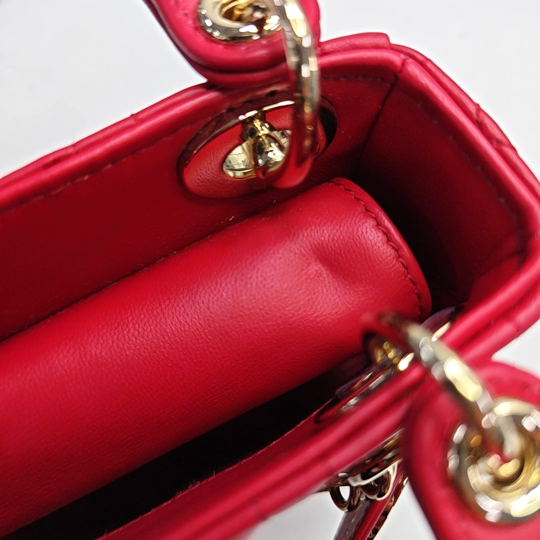 DIOR Lady Dior Super Mini Red Lamb Skin Cannage Embossed Three Compartment Crossbody Shoulder Bag Gold Hardware Removable Strap-(SKU)-952282248