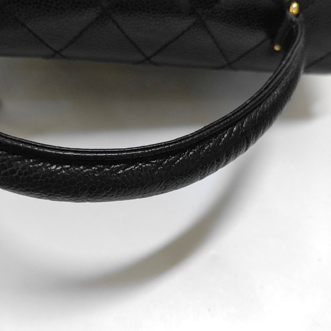 CHANEL VINTAGE KELLY Black Calfskin Quilted Leather Tote Bag Golden Hardware 7 Clasp-(SKU)-966795057