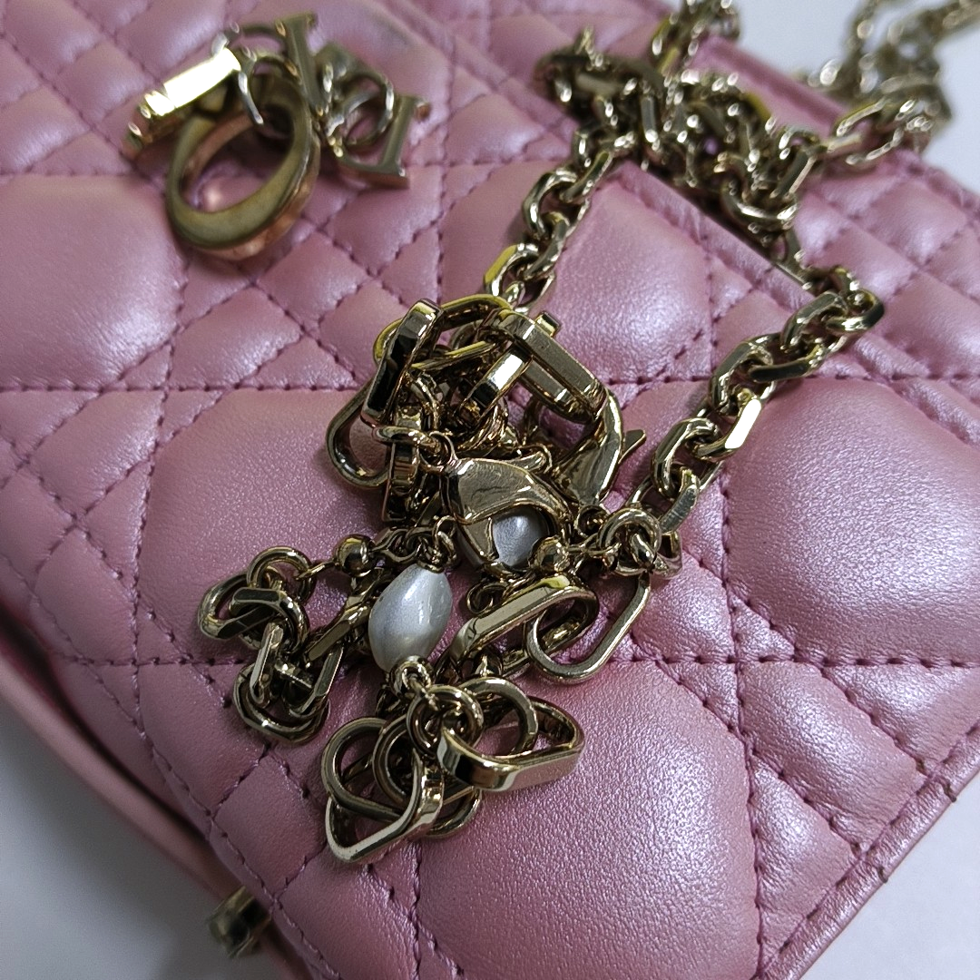 DIOR Lady Dior Mini Pink Lamb Skin Jacquard Quilted Shoulder Bag with Chain Strap, Gold Hardware, Removable Shoulder Strap, Accessories Included-(SKU)-964839672