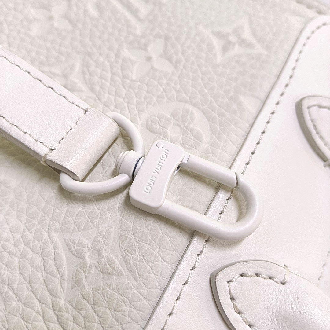 LOUIS VUITTON STEAMER Extra Small Size White Calfskin Monogram Embossed Crossbody Shoulder Bag Black Hardware Removable Shoulder Strap-(SKU)-961736730