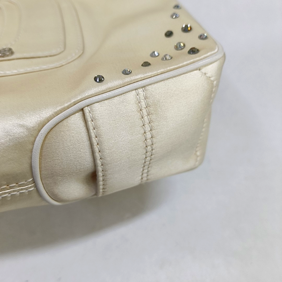 CELINE BOOGIE Beige Satin Studs Handbag Silver Hardware-(SKU)-950400052