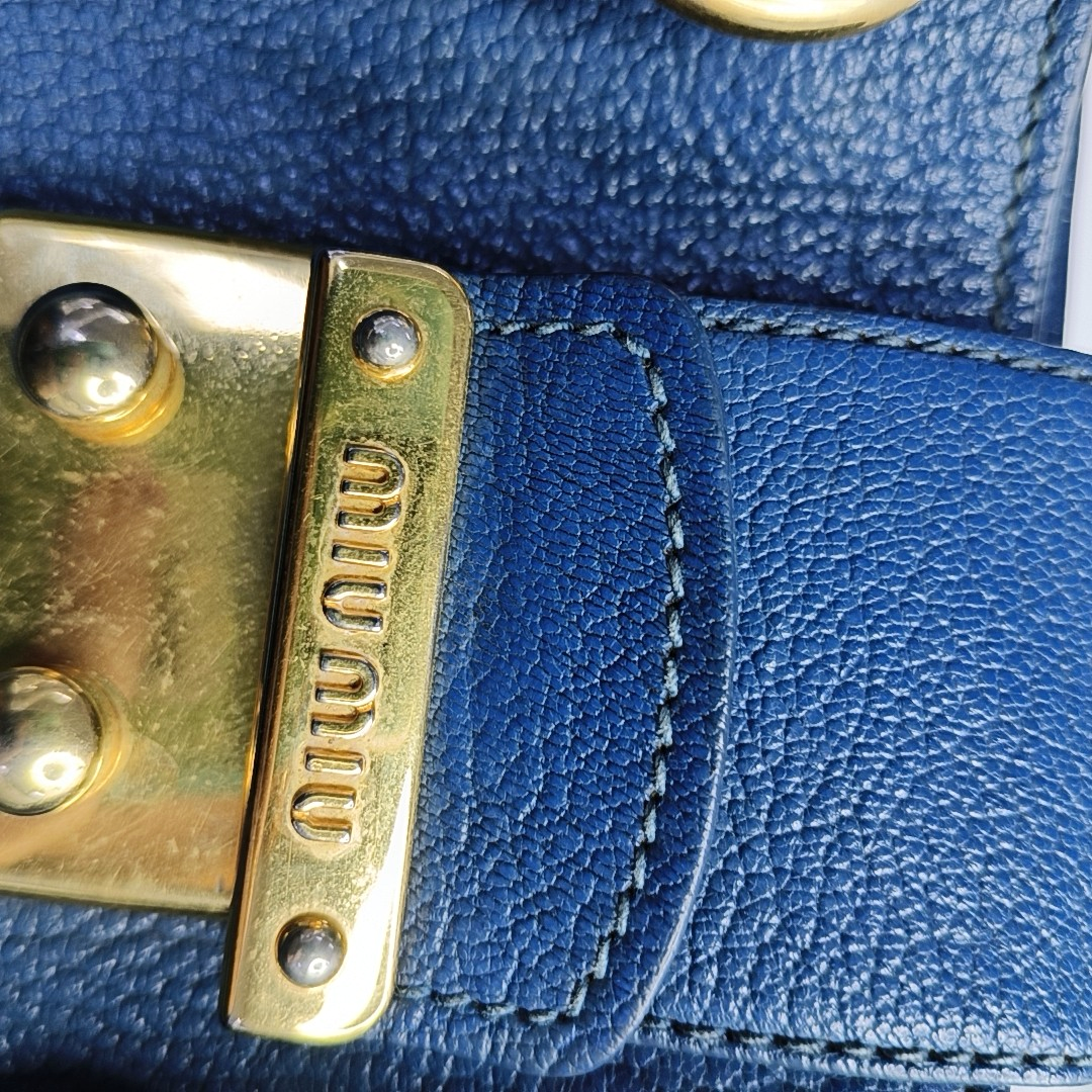 Miu Miu Tote bag Blue Cowhide Crumpled Shoulder Bag Single Shoulder Bag Crossbody Bag Golden hardware Removable shoulder strap-(SKU)-950926688