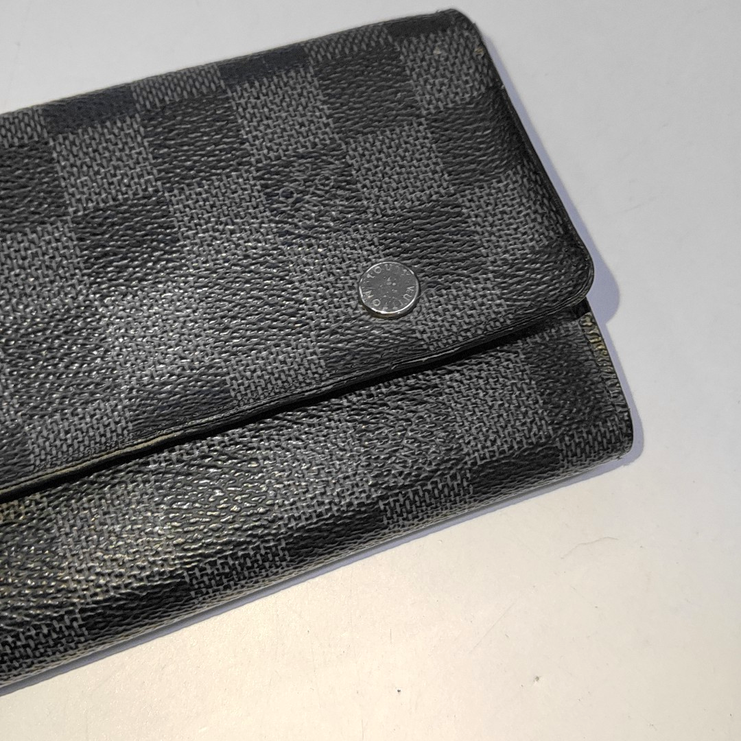 LOUIS VUITTON GRAPHITE LONG Gray Coated Canvas Chessboard Plaid Wallet Silver Hardware Sub-bag-(SKU)-943616595