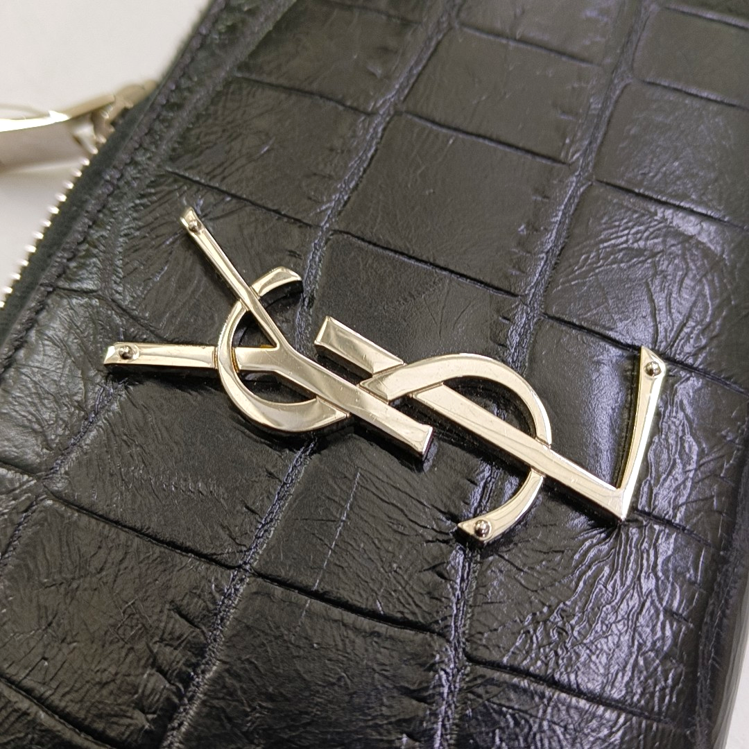 YSL KATE Black cowhide crocodile leather wallet Silver Hardware-(SKU)-958931869