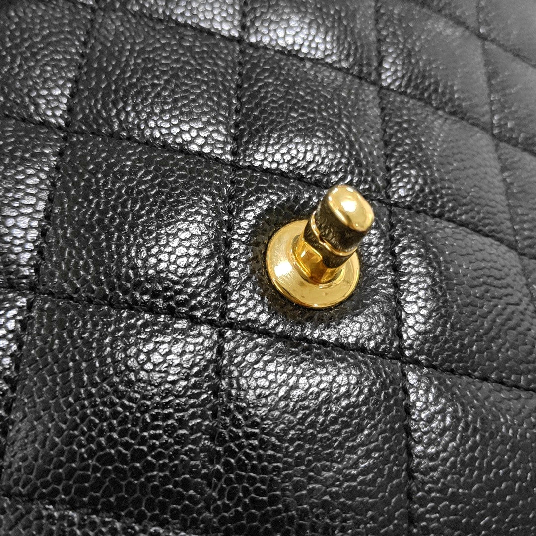 CHANEL VINTAGE KELLY Black Calfskin Quilted Leather Tote Bag Golden Hardware 7 Clasp-(SKU)-966795057