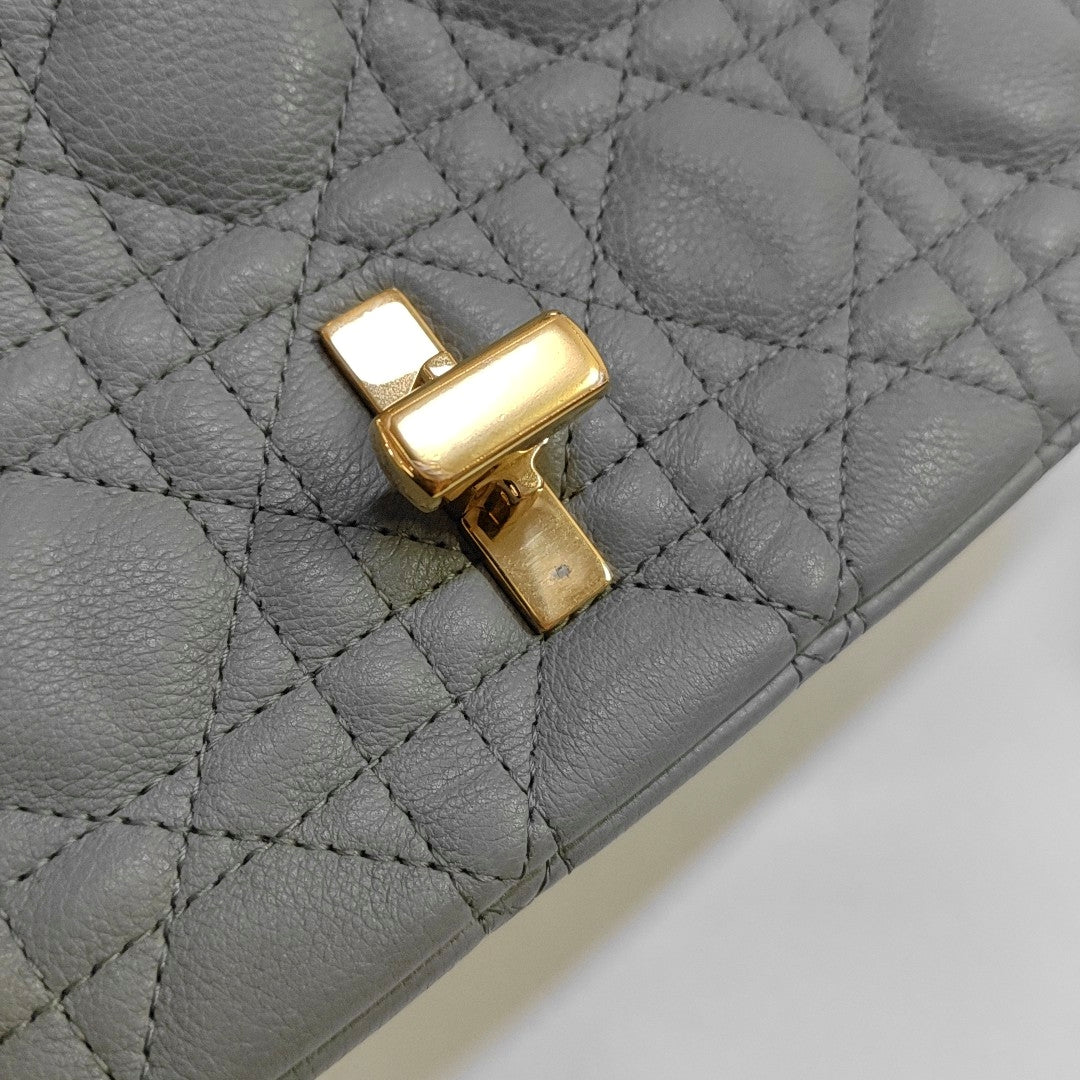 DIOR Dior Caro Medium Gray Calfskin Quilted Crossbody Bag Single Shoulder Bag Gold Hardware Removable Strap-(SKU)-969611212