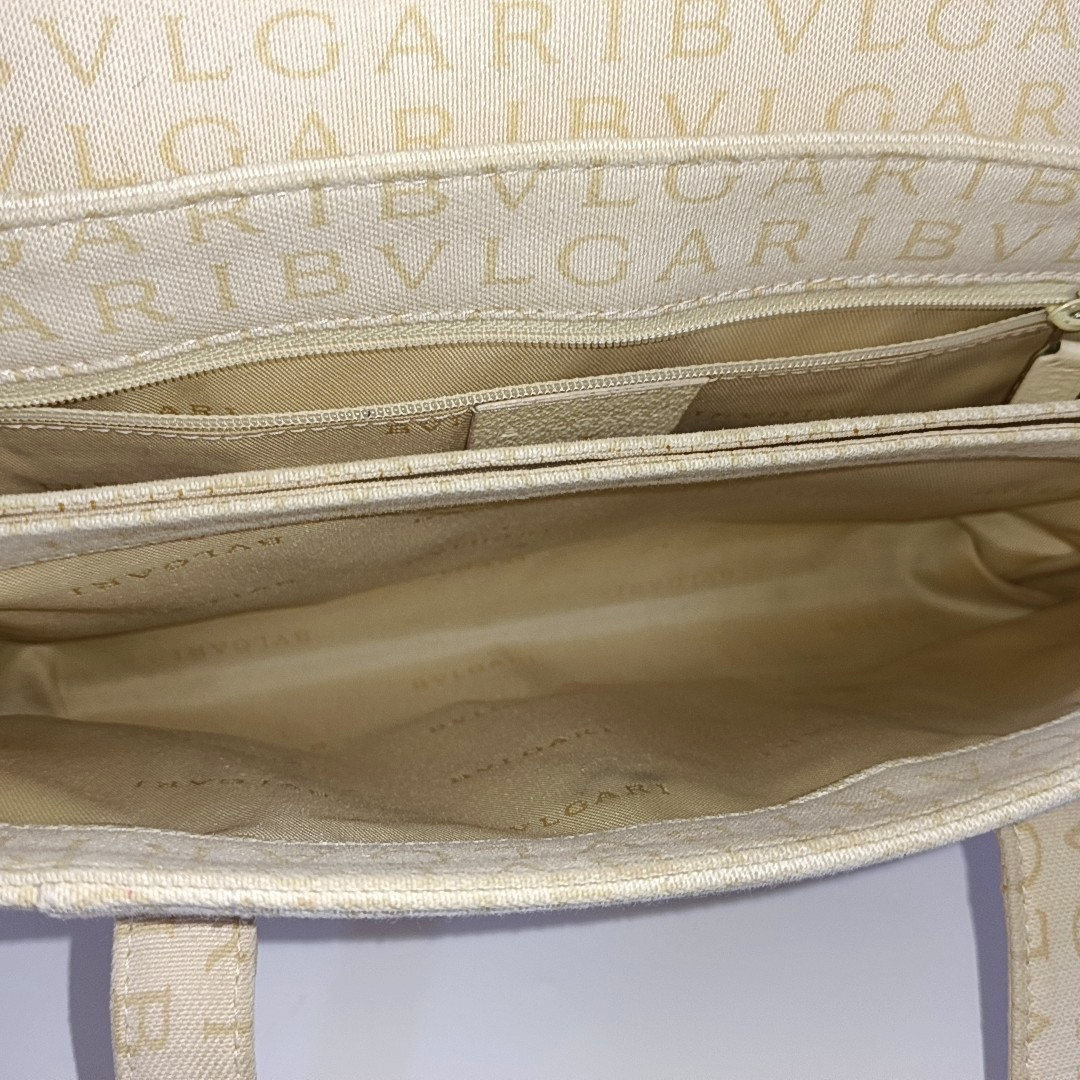 BVLGARI LA MANIE DES LOGOS Beige Canvas Floral Handbag Single Shoulder Bag Silver Hardware-(SKU)-954098204