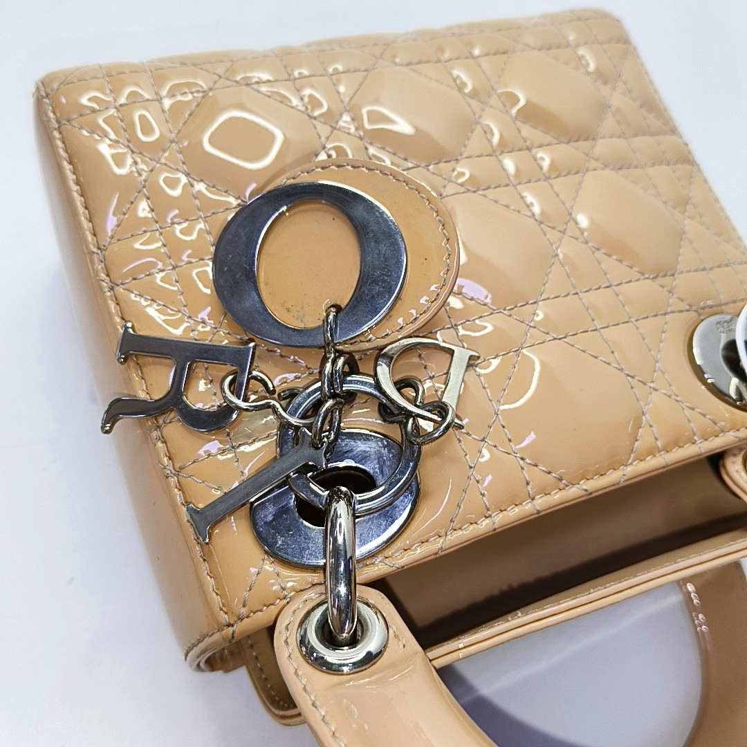 DIOR Lady Dior Mini Khaki Patent Leather Cannage Quilted Hobo Shoulder Bag Handbag Crossbody Bag 18 Clasp Silver Hardware Removable Shoulder Strap-(SKU)-961779565