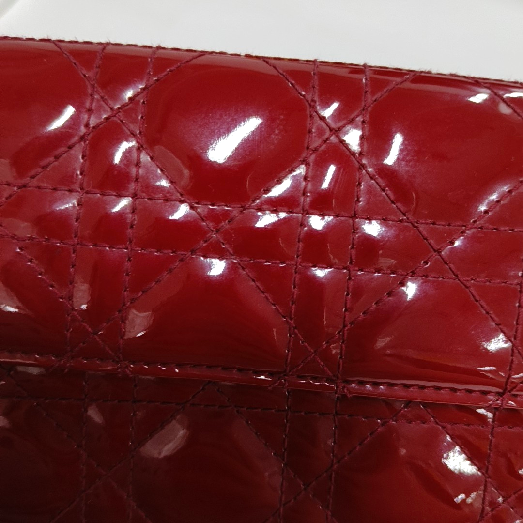 DIOR Lady Dior Burgundy Patent Leather Basketweave Stitched Wallet Golden hardware-(SKU)-950463180
