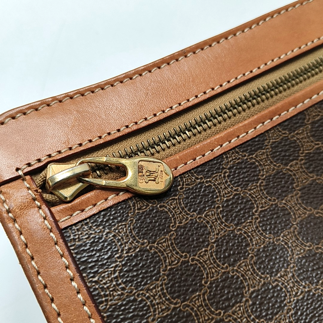CELINE MACADAM CLUTCHES Brown Coated Canvas Triumph Clutch Golden hardware-(SKU)-947868204