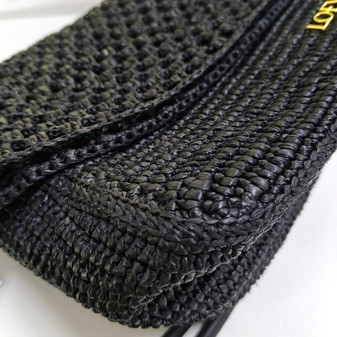 LOEWE Ola Medium Black Straw Single Shoulder Bag Golden Hardware Removable Strap-(SKU)-967584835