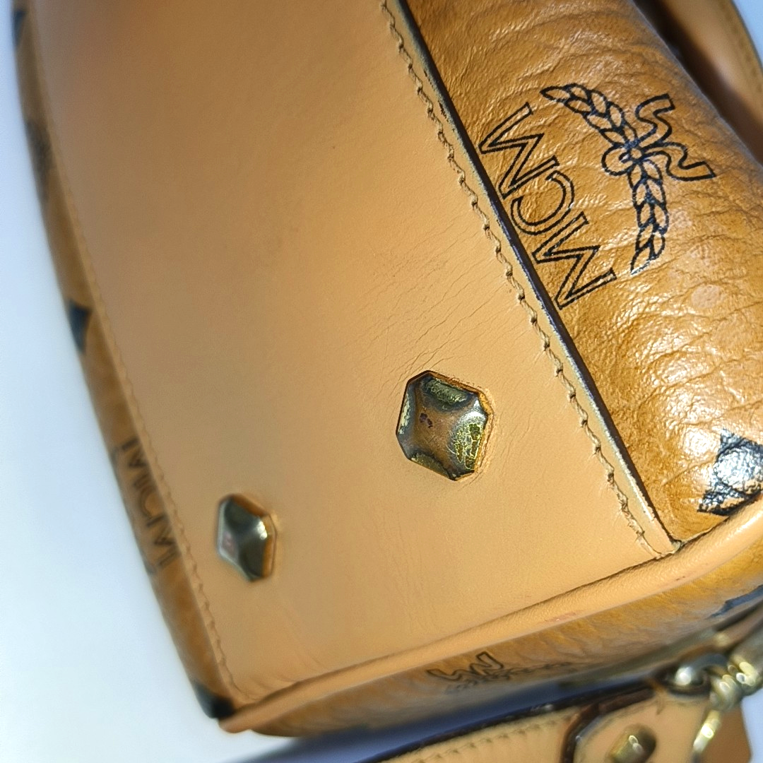 MCM ESSENTIAL Cognac Coated Canvas Monogram Print Boston Bag Single Shoulder Bag Handbag Crossbody Bag Golden hardware Removable shoulder strap-(SKU)-942033097