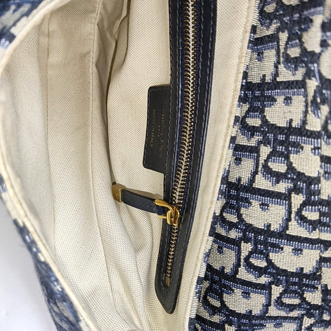 DIOR Saddle Small Blue Canvas Monogram Damier Embossed Saddle Bag, Shoulder Bag, Golden Hardware, Removable Strap-(SKU)-971349303