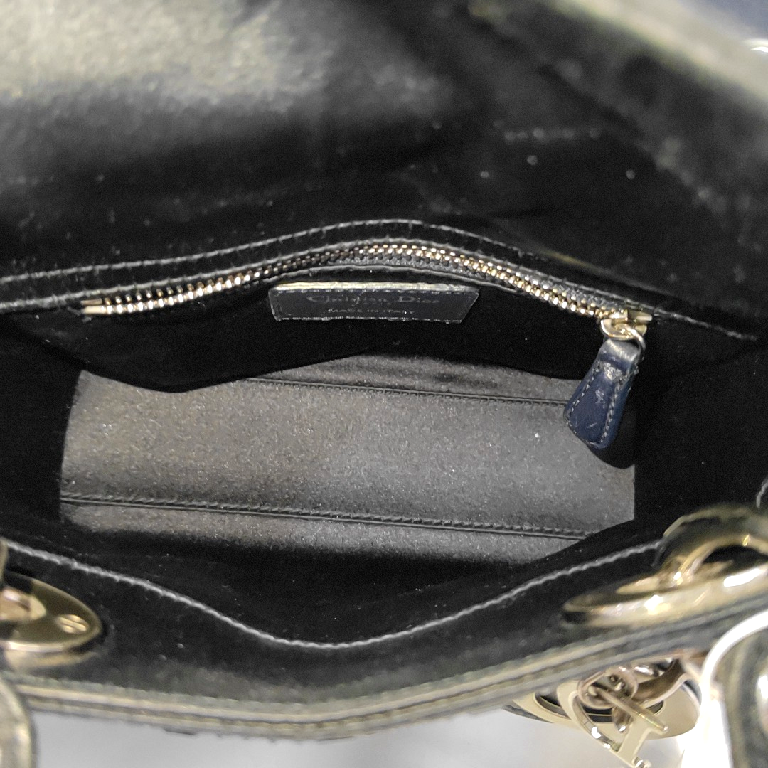 DIOR Lady Dior Mini Dark Blue Silk Jacquard Quilted Shoulder Bag with Chain Strap, Silver Hardware, Removable Shoulder Strap-(SKU)-955061243