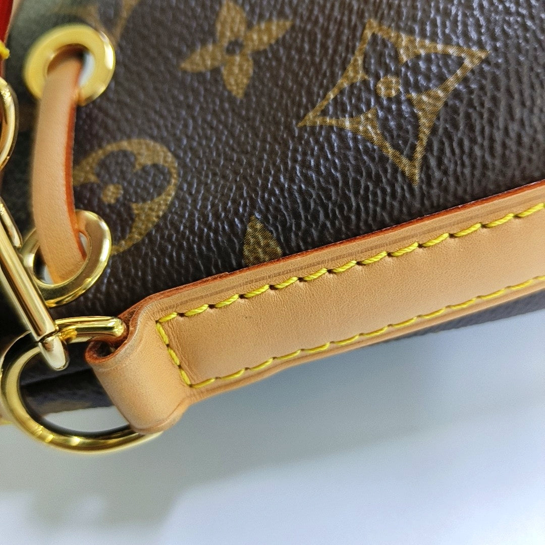 LOUIS VUITTON NOÉ Nano Brown Coated Canvas Monogram Bucket Bag Crossbody Handbag Single Shoulder Bag Removable Strap Gold Hardware 2 Removable Straps-(SKU)-968563744