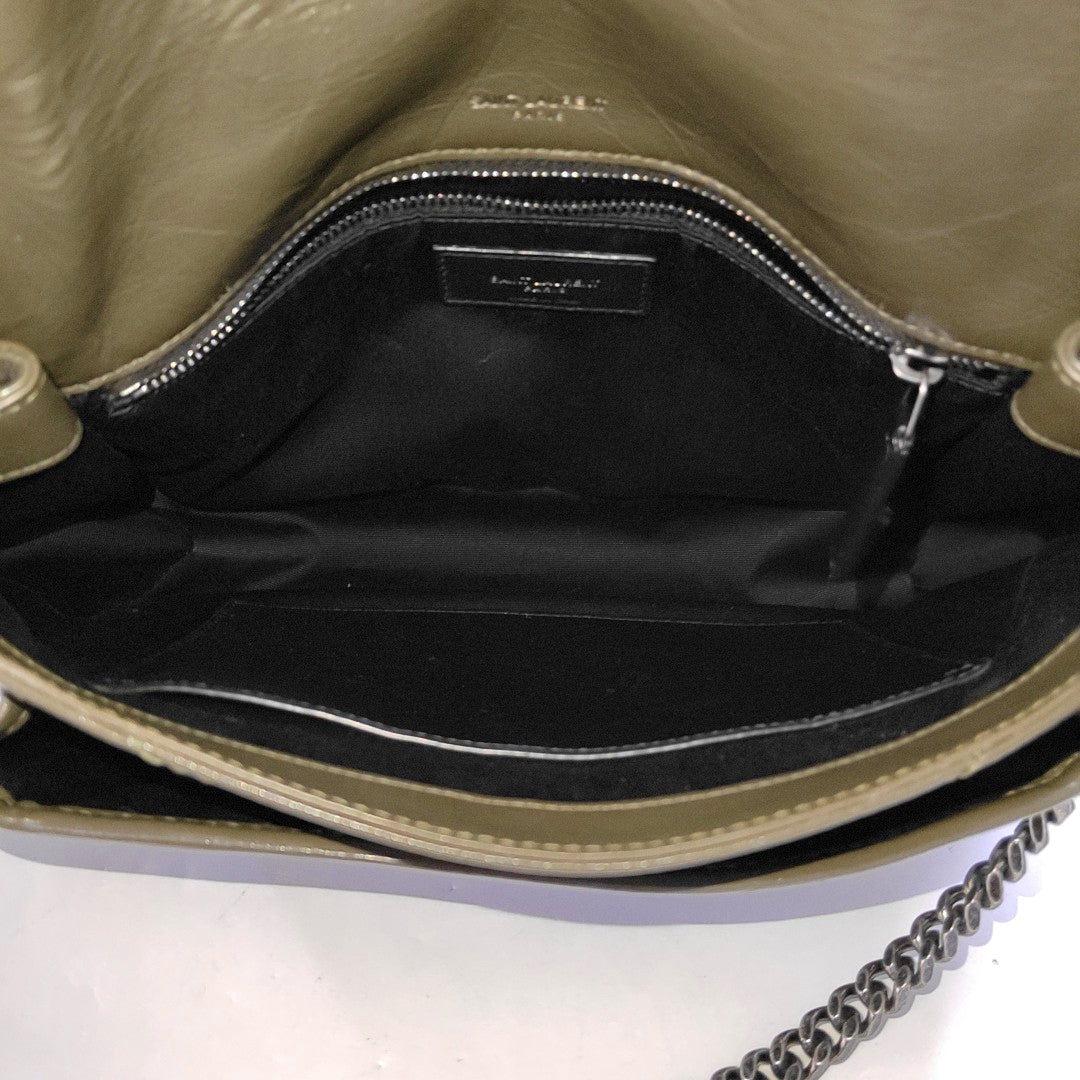 YSL NIKI Medium Grey Calfskin V-Shape Pleated Single Shoulder Bag and Crossbody with Silver Grey Hardware-(SKU)-969271602