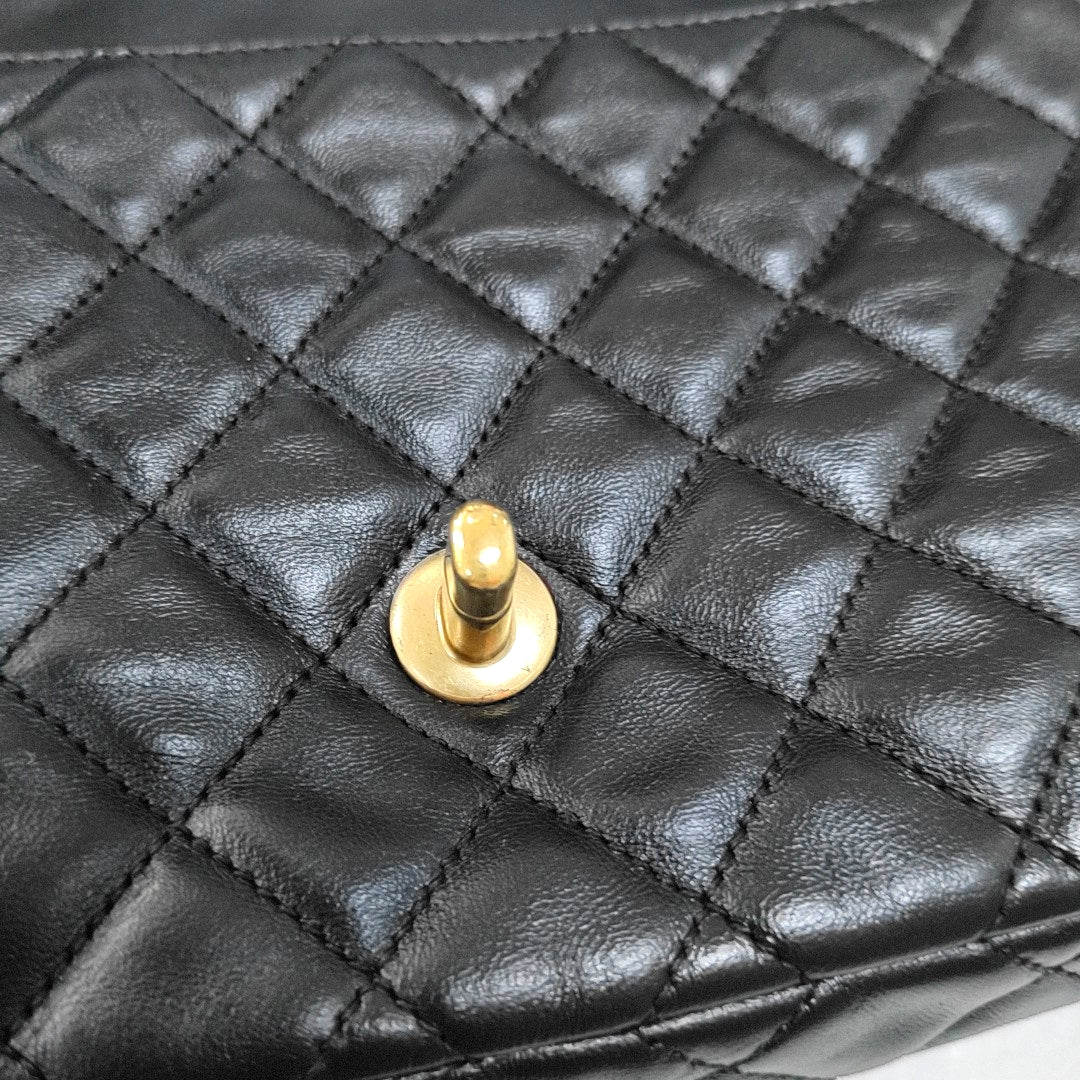 CHANEL CLASSIC FLAP Medium-sized Black Lamb Skin Quilted Monogram Crossbody Bag Shoulder Bag 14 Clasp Golden Hardware-(SKU)-970125133
