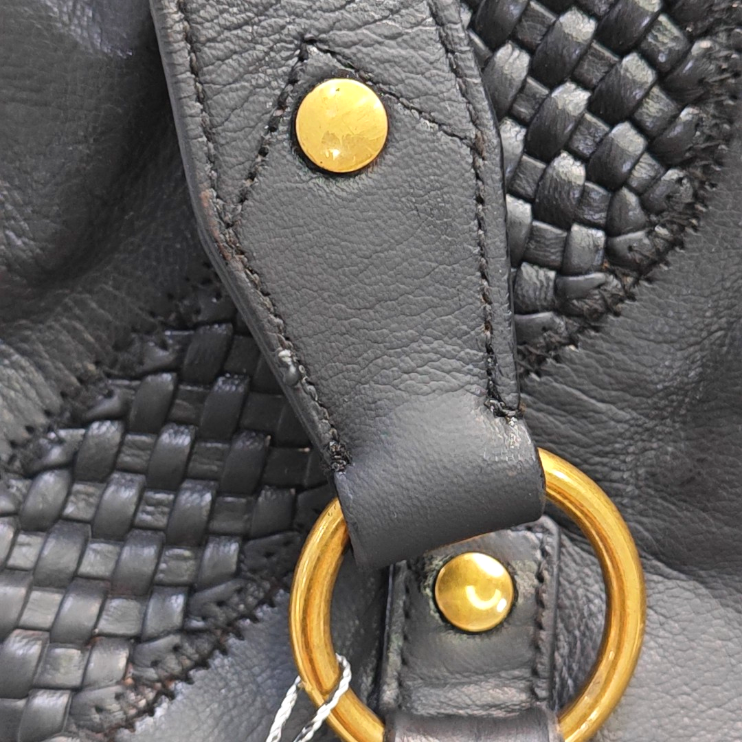 YSL MUSE Black Leather Studs Braided Handbag Shoulder Bag Golden hardware Removable shoulder strap-(SKU)-947588322