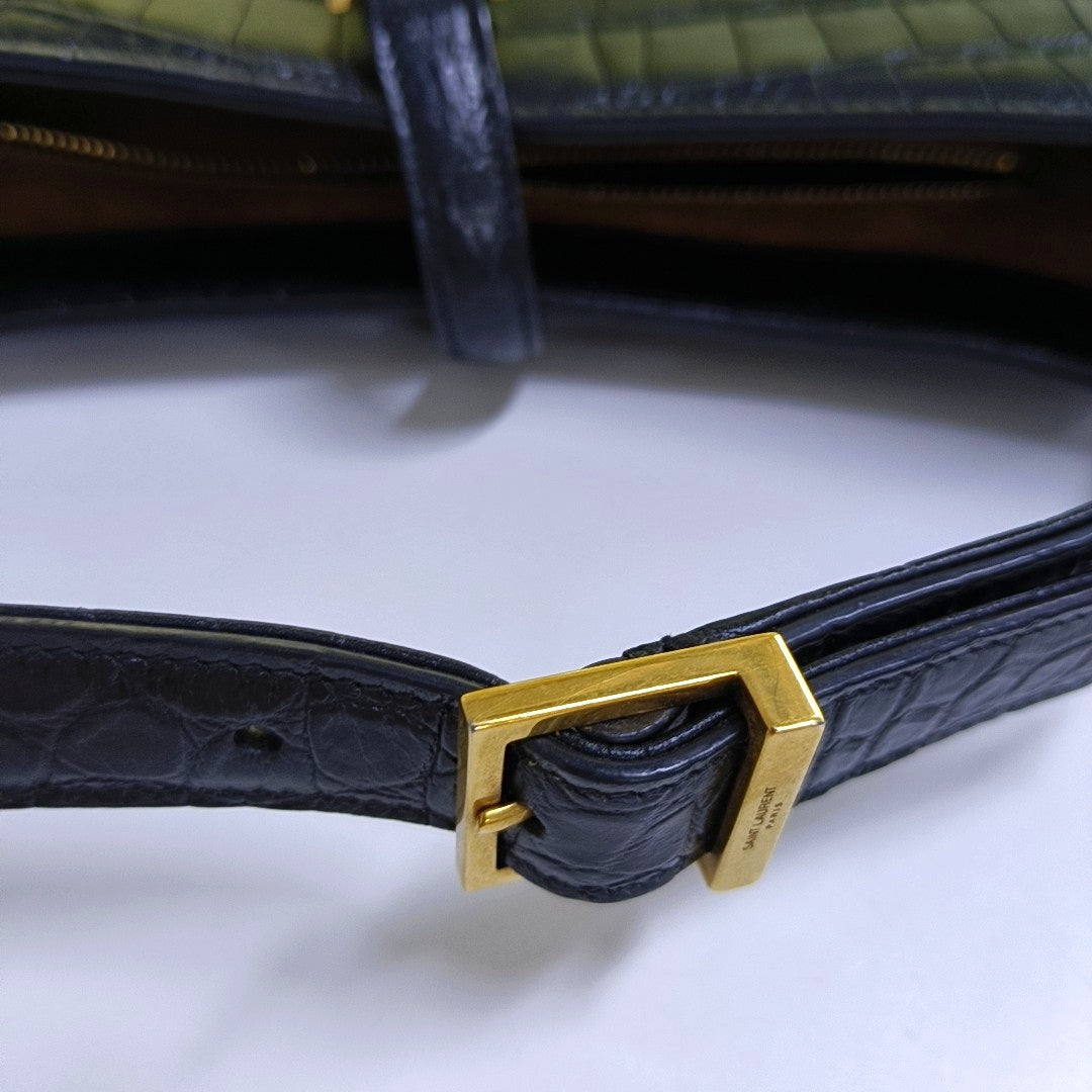 YSL LE 5 À 7 Black Calf Leather Crocodile Embossed Handbag Single Shoulder Bag Golden Hardware-(SKU)-965773000