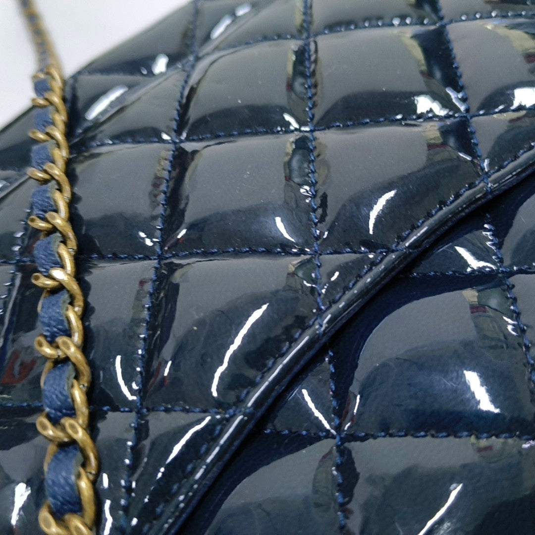 CHANEL CLASSIC FLAP Deep Blue Patent Leather Quilted Crossbody Shoulder Bag with Golden Hardware, 21K-(SKU)-969955803