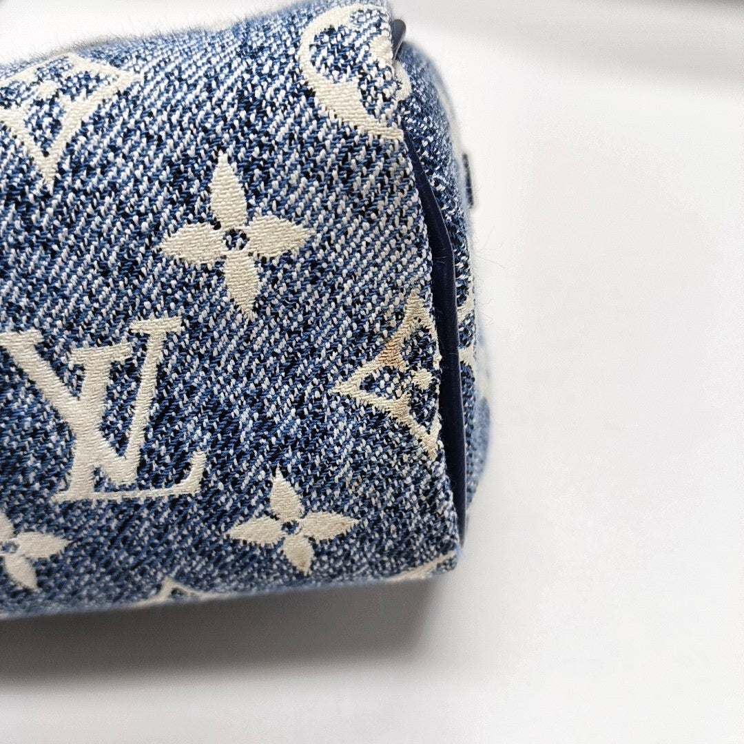 LOUIS VUITTON SPEEDY Nano Deep Blue Denim Monogram Boston Bag Shoulder Bag Tote Bag Crossbody Bag Gold Hardware Removable Strap-(SKU)-970980154