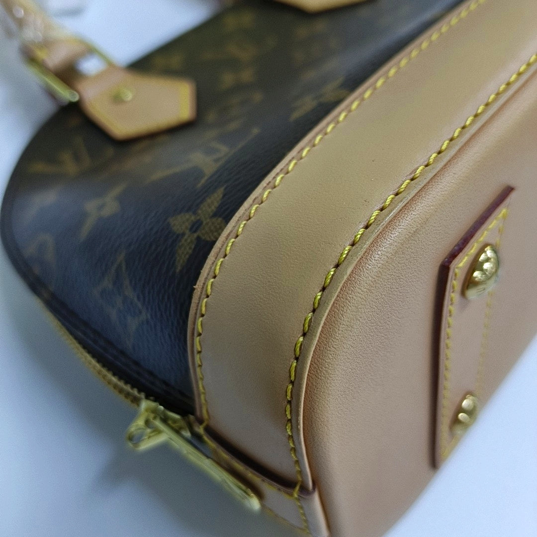 LOUIS VUITTON ALMA BB Brown Coated Canvas Monogram Vernis Shell Bag Single Shoulder Bag Tote Bag Crossbody Bag Gold Hardware Removable Shoulder Strap-(SKU)-963383316
