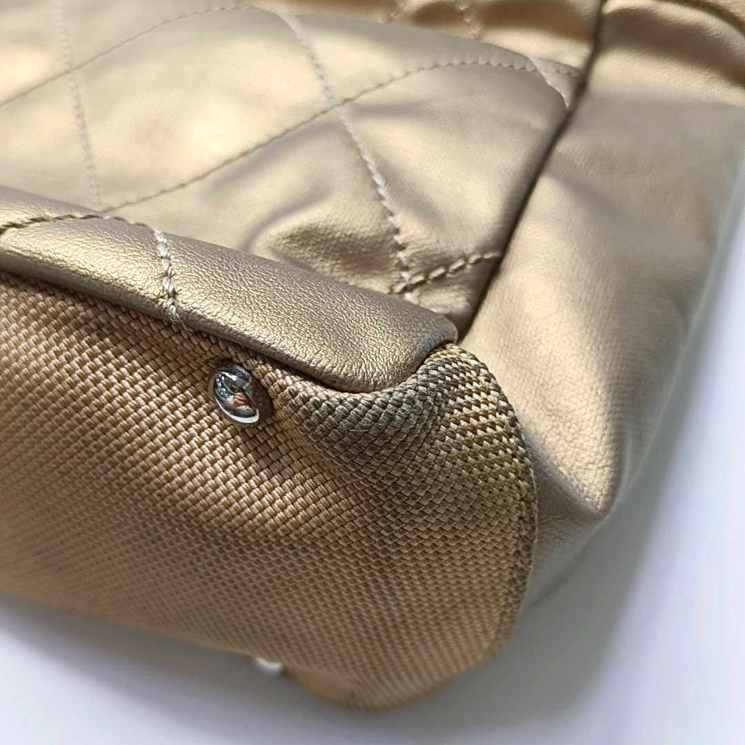 CHANEL Tote bag Champagne Coated Canvas Monogrammed Quilted Handbag Silver Hardware 11nan-(SKU)-948373759