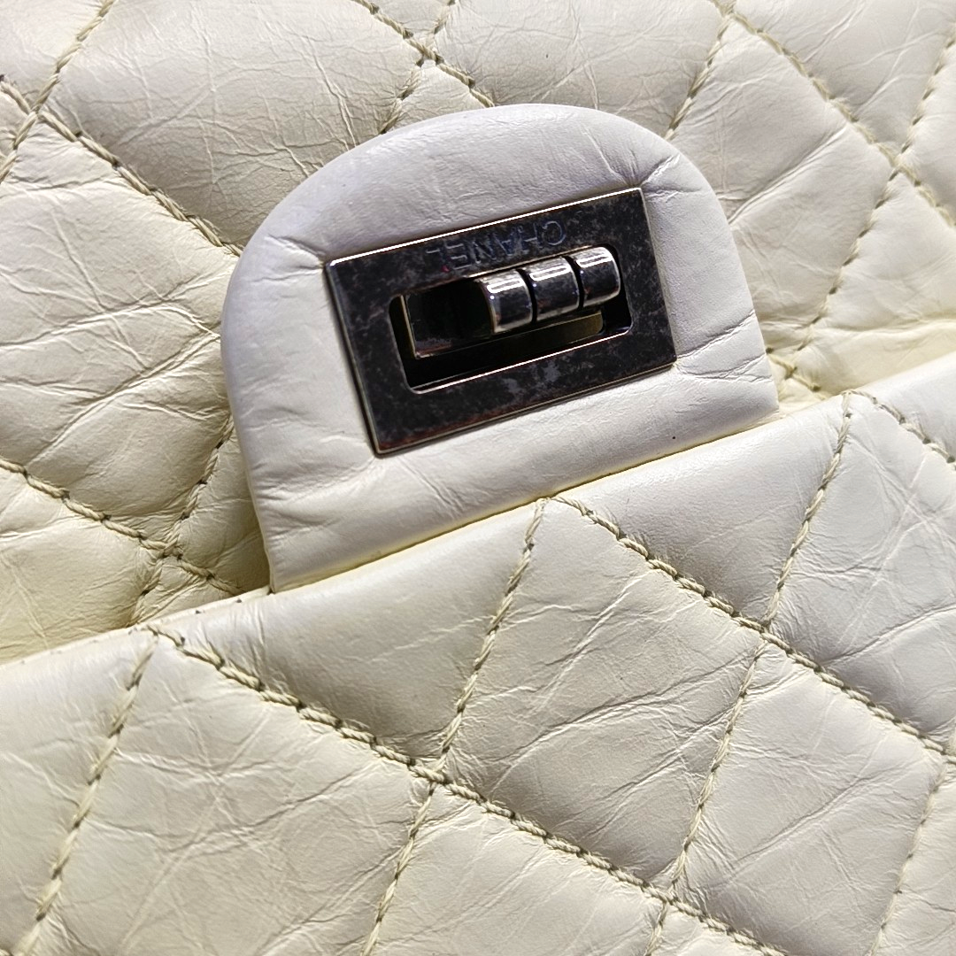 CHANEL 2.55 Large White Calfskin Quilted Single Shoulder Bag Crossbody with Palladium Hardware, 16 Clasp-(SKU)-964099776