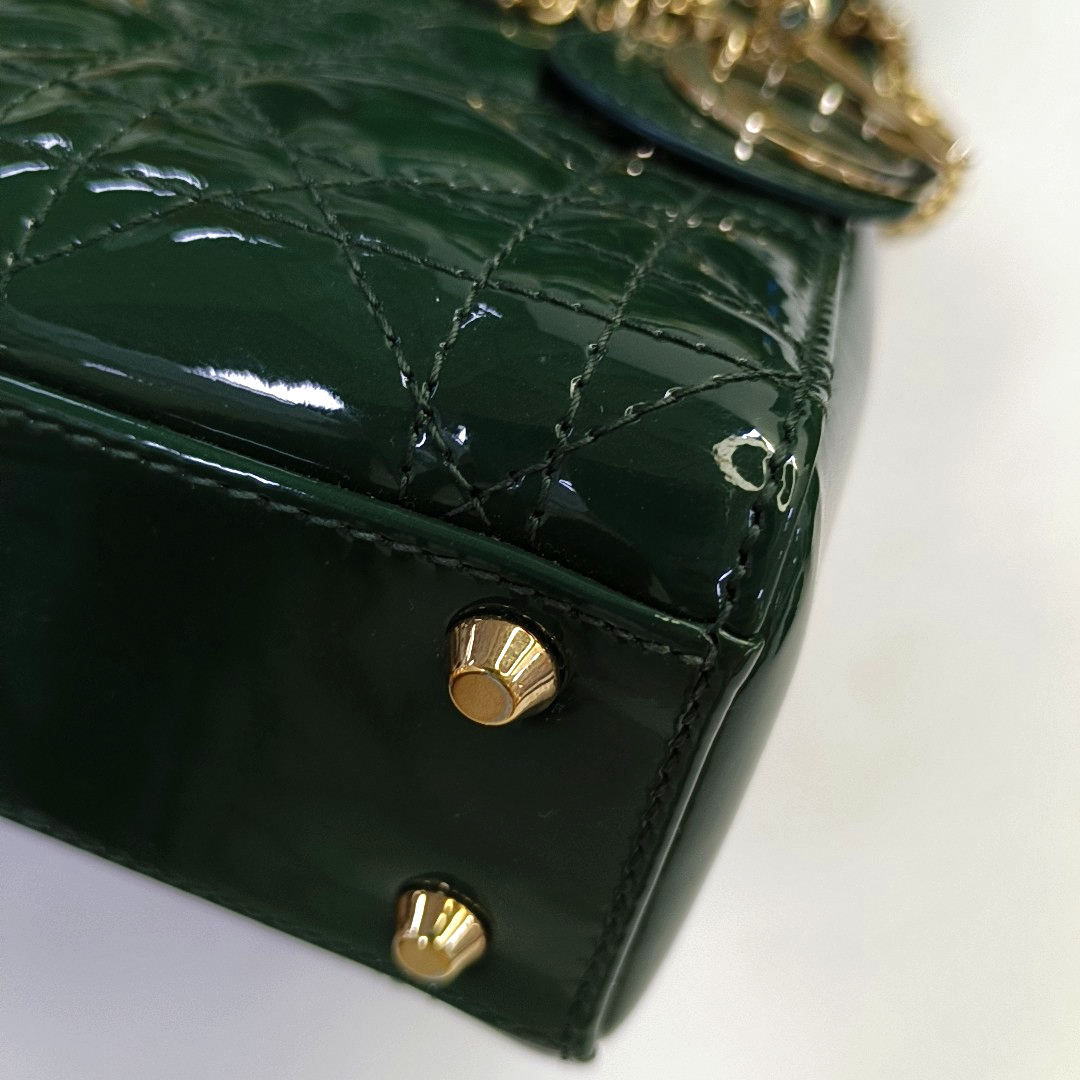 DIOR Lady Dior Mini Dark Green Patent Lamb Skin Quilted Diaper Bag 3-Compartment Shoulder Bag Tote Bag Crossbody Bag Golden Hardware Removable Strap-(SKU)-947300557